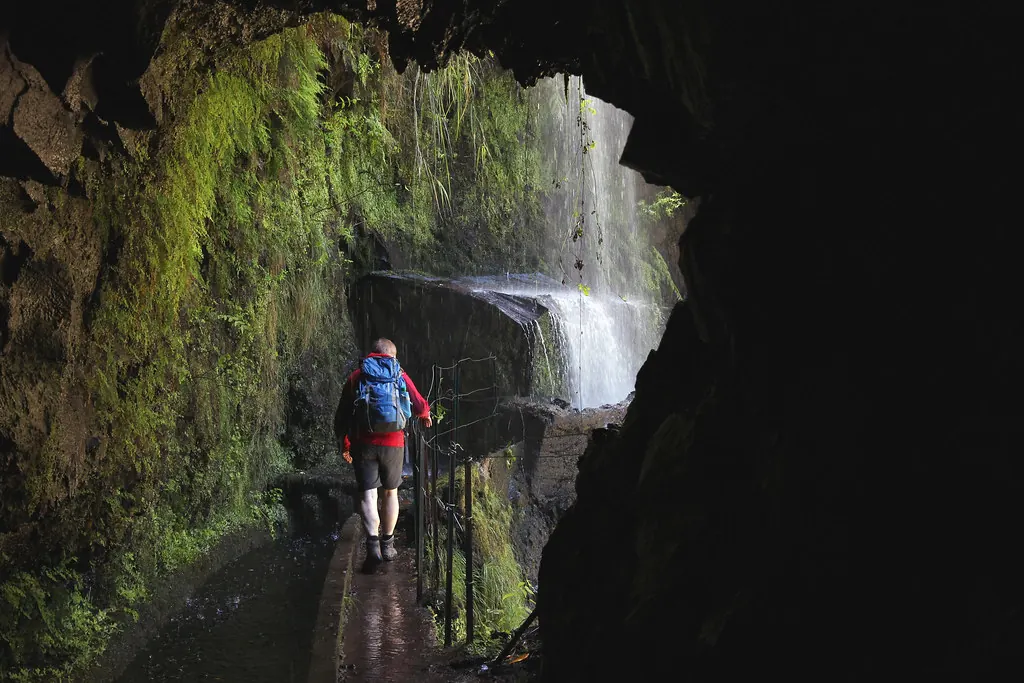 Waterfall tunnel section on Levada da Ribeira da Janela